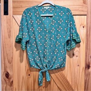 Floral Green Tie-Front Blouse